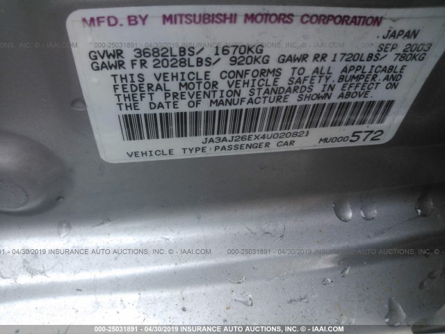 JA3AJ26EX4U020821 - 2004 MITSUBISHI LANCER ES SILVER photo 9