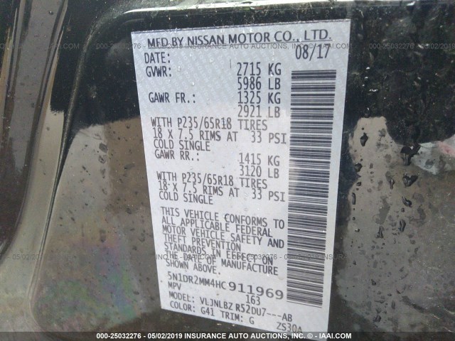 5N1DR2MM4HC911969 - 2017 NISSAN PATHFINDER S/SV/SL/PLATINUM BLACK photo 9