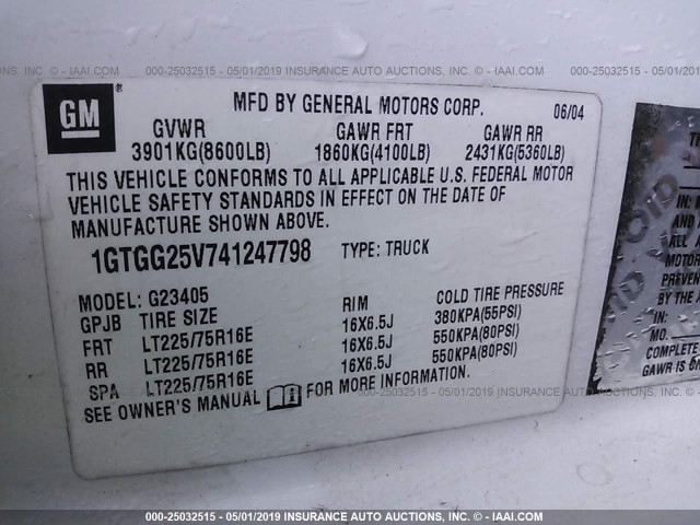 1GTGG25V741247798 - 2004 GMC SAVANA G2500 WHITE photo 9