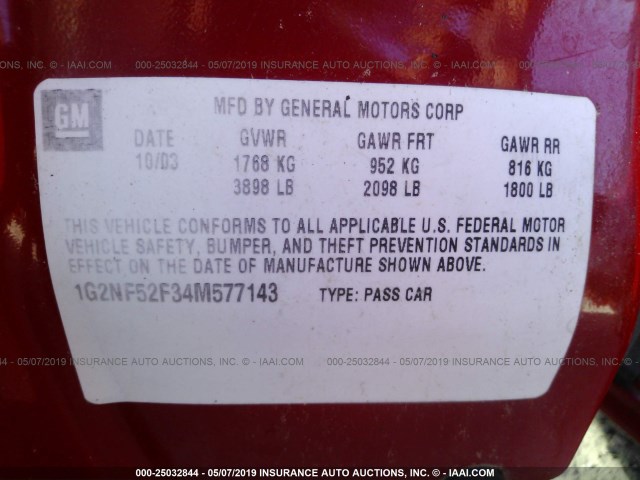 1G2NF52F34M577143 - 2004 PONTIAC GRAND AM SE1 RED photo 9