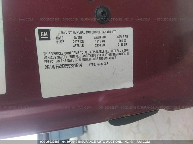 2G1WF52E659281614 - 2005 CHEVROLET IMPALA MAROON photo 9