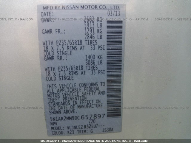 5N1AR2MM9DC657897 - 2013 NISSAN PATHFINDER S/SV/SL/PLATINUM SILVER photo 9