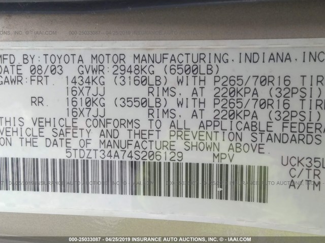 5TDZT34A74S206129 - 2004 TOYOTA SEQUOIA SR5 GOLD photo 9