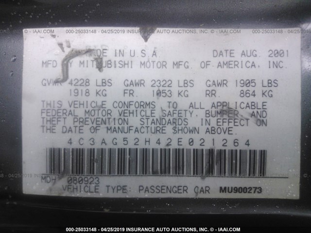 4C3AG52H42E021264 - 2002 CHRYSLER SEBRING LXI GRAY photo 9