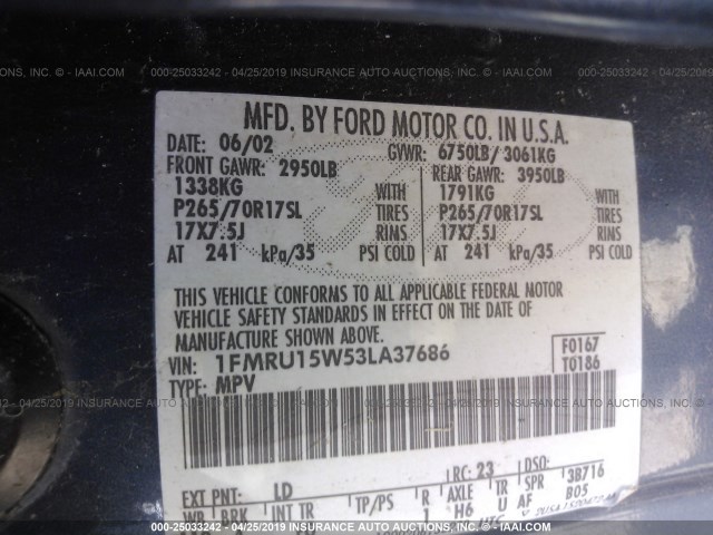 1FMRU15W53LA37686 - 2003 FORD EXPEDITION XLT BLUE photo 9