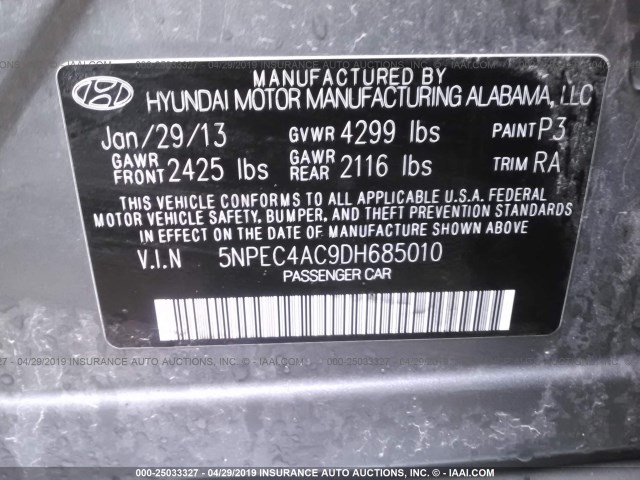 5NPEC4AC9DH685010 - 2013 HYUNDAI SONATA SE/LIMITED GRAY photo 9