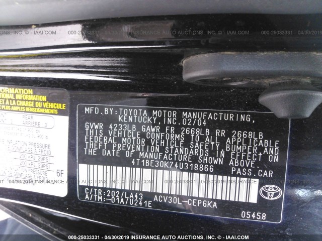 4T1BE30K74U318866 - 2004 TOYOTA CAMRY LE/XLE/SE BLACK photo 9