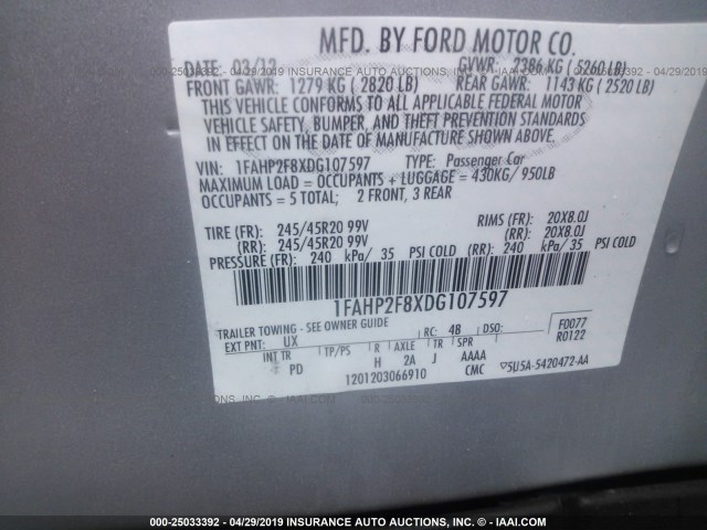 1FAHP2F8XDG107597 - 2013 FORD TAURUS LIMITED SILVER photo 9