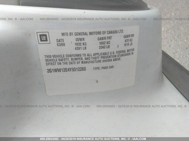 2G1WW12E4Y9312260 - 2000 CHEVROLET MONTE CARLO LS თეთრი ფოტო 9