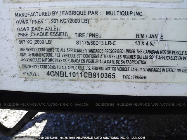 4GNBL1011CB910365 - 2012 MULT QUIP UTILITY GENERATOR  WHITE photo 9