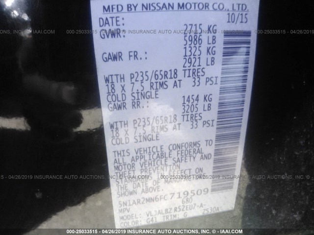 5N1AR2MN6FC719509 - 2015 NISSAN PATHFINDER S/SV/SL/PLATINUM BLACK photo 9