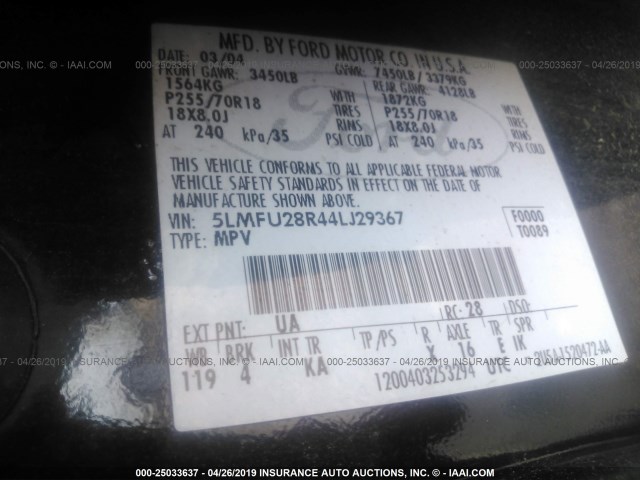 5LMFU28R44LJ29367 - 2004 LINCOLN NAVIGATOR BLACK photo 9