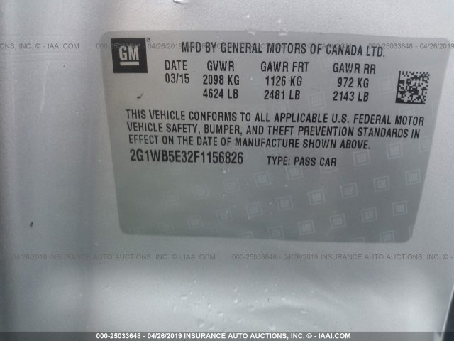 2G1WB5E32F1156826 - 2015 CHEVROLET IMPALA LIMITED LT SILVER photo 9