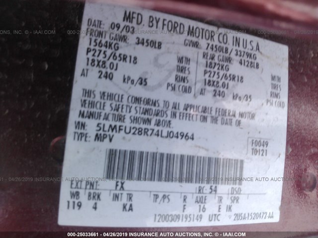 5LMFU28R74LJ04964 - 2004 LINCOLN NAVIGATOR 栗色 照片 9