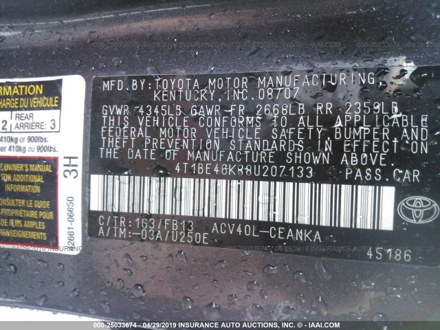 4T1BE46K88U207133 - 2008 TOYOTA CAMRY CE/LE/XLE/SE 灰色 照片 9