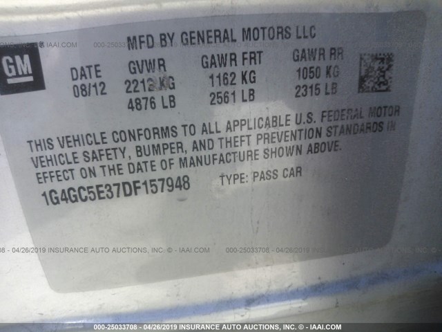 1G4GC5E37DF157948 - 2013 BUICK LACROSSE SILVER photo 9