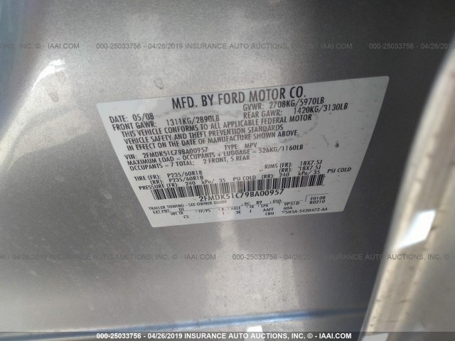 2FMDK51C79BA00957 - 2009 FORD FLEX SE SILVER photo 9