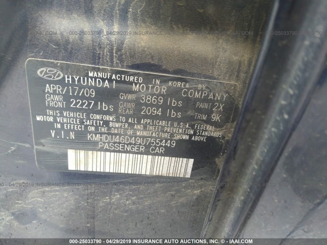 KMHDU46D49U755449 - 2009 HYUNDAI ELANTRA GLS/SE BLUE photo 9