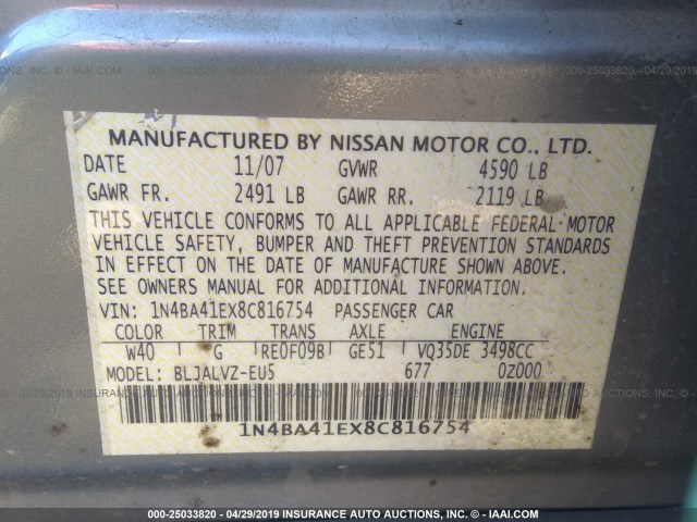 1N4BA41EX8C816754 - 2008 NISSAN MAXIMA SE/SL SILVER photo 9