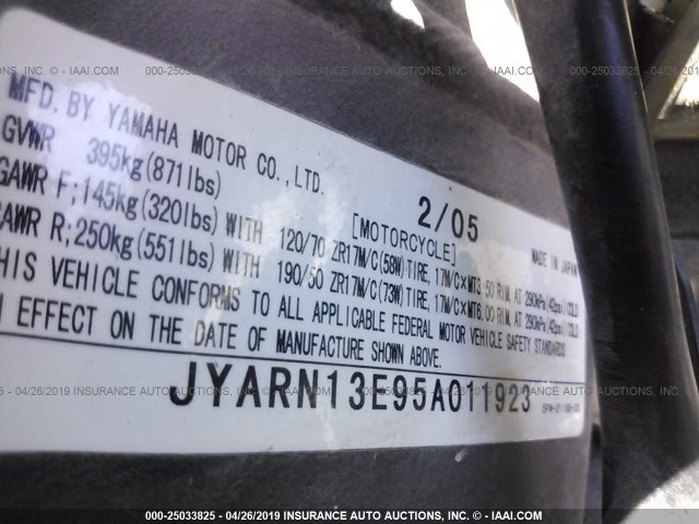 JYARN13E95A011923 - 2005 YAMAHA YZFR1 BLACK photo 10