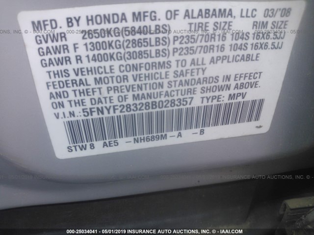 5FNYF28328B028357 - 2008 HONDA PILOT SE SILVER photo 9