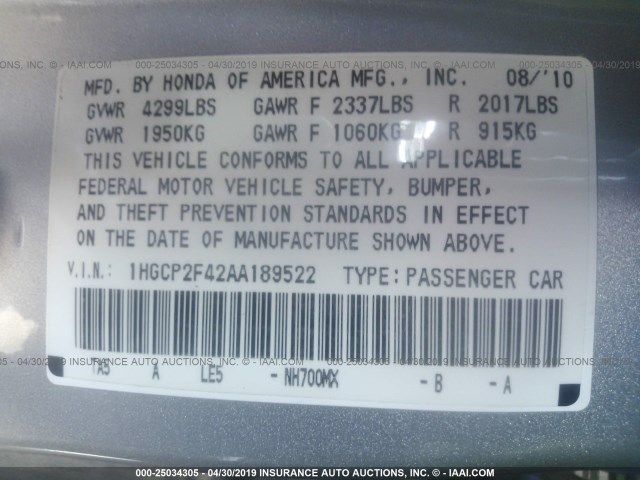 1HGCP2F42AA189522 - 2010 HONDA ACCORD LXP SILVER photo 9