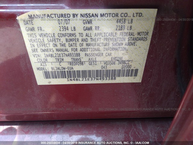 1N4BL21E37N493388 - 2007 NISSAN ALTIMA 3.5SE/3.5SL RED photo 9