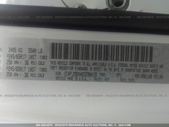 1C4PJMBXXKD298419 - 2019 JEEP CHEROKEE TRAILHAWK WHITE photo 9