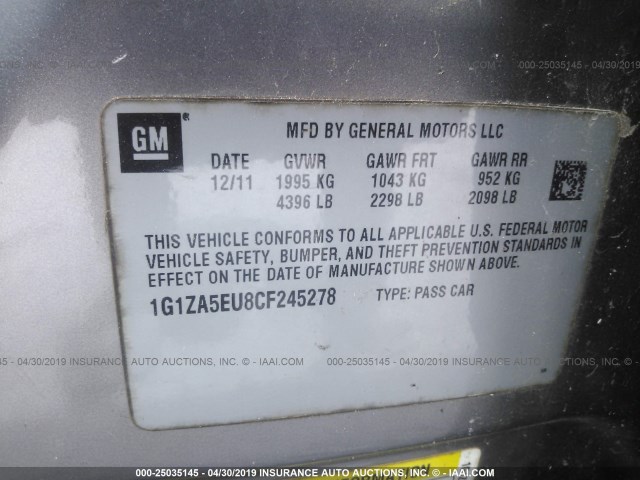 1G1ZA5EU8CF245278 - 2012 CHEVROLET MALIBU LS GRAY photo 9