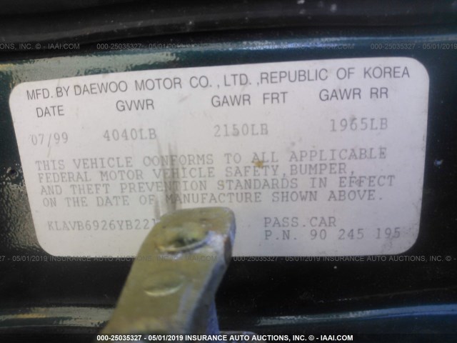 KLAVB6926YB221763 - 2000 DAEWOO LEGANZA SE GREEN photo 9