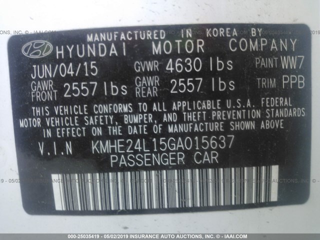 KMHE24L15GA015637 - 2016 HYUNDAI SONATA HYBRID/SE WHITE photo 9