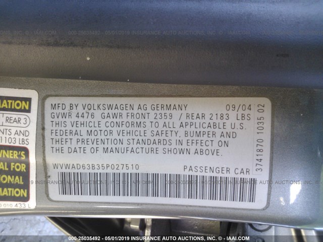 WVWAD63B35P027510 - 2005 VOLKSWAGEN PASSAT GLS GRAY photo 9