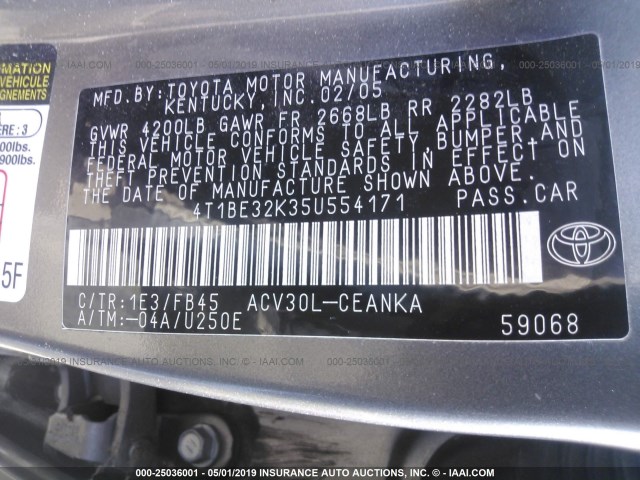 4T1BE32K35U554171 - 2005 TOYOTA CAMRY LE/XLE/SE GRAY photo 9