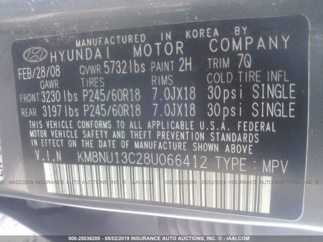 KM8NU13C28U066412 - 2008 HYUNDAI VERACRUZ GLS/SE/LIMITED GREEN photo 9