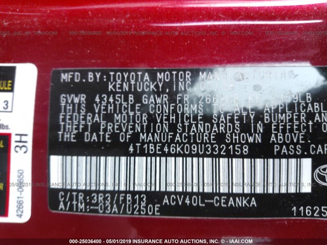 4T1BE46K09U332158 - 2009 TOYOTA CAMRY SE/LE/XLE RED photo 9