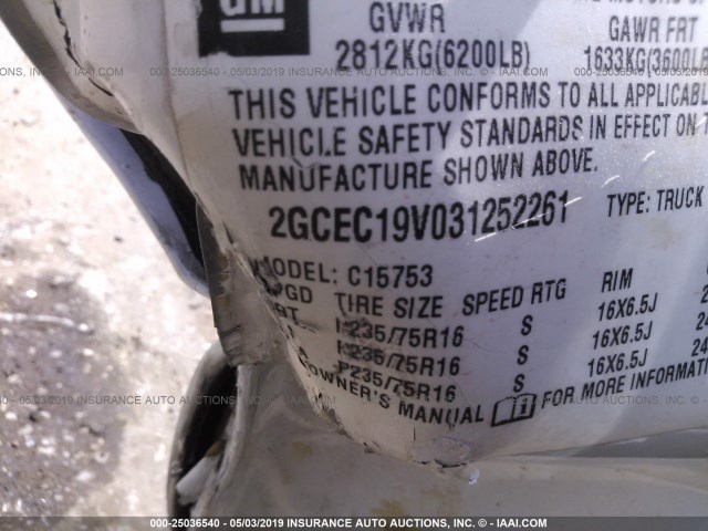 2GCEC19V031252261 - 2003 CHEVROLET SILVERADO C1500 WHITE photo 9