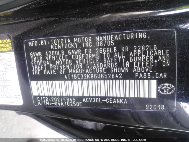 4T1BE32K86U652842 - 2006 TOYOTA CAMRY LE/XLE/SE BLACK photo 9