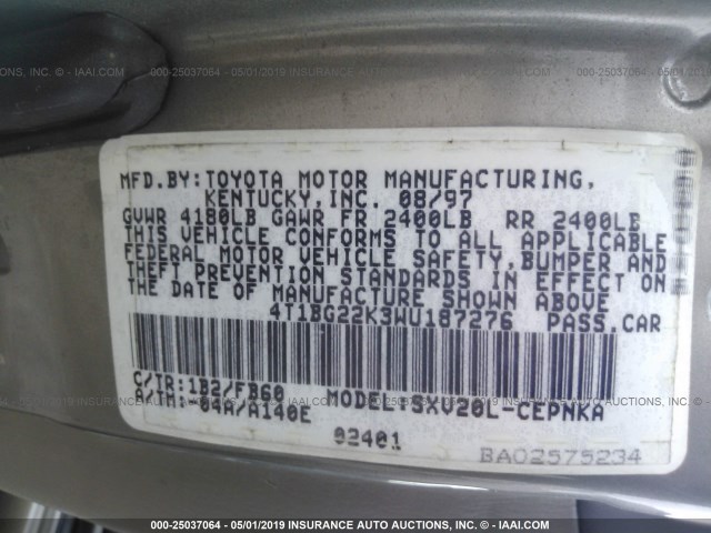 4T1BG22K3WU187276 - 1998 TOYOTA CAMRY CE/LE/XLE GOLD photo 9