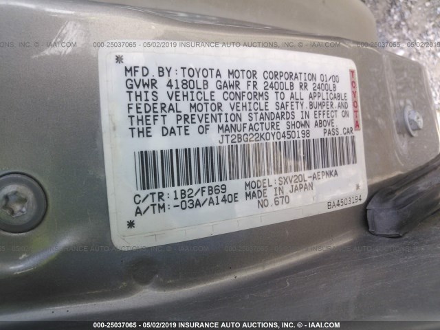 JT2BG22K0Y0450198 - 2000 TOYOTA CAMRY CE/LE/XLE GRAY photo 9