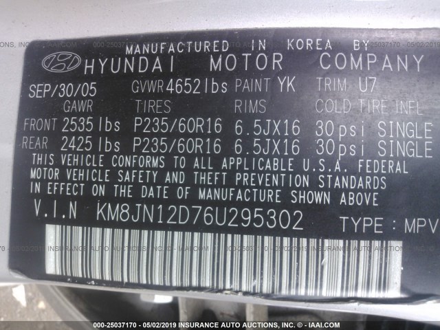 KM8JN12D76U295302 - 2006 HYUNDAI TUCSON GLS/LIMITED SILVER photo 9