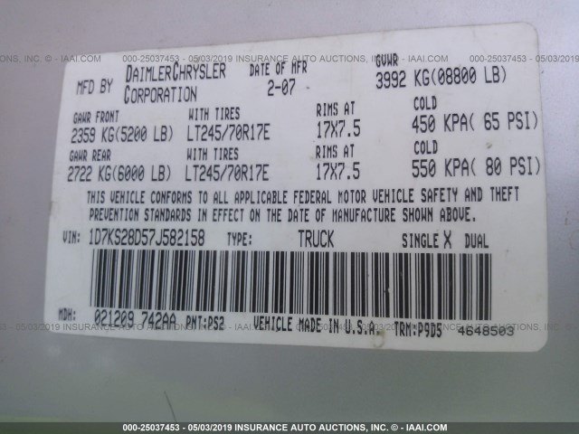 1D7KS28D57J582158 - 2007 DODGE RAM 2500 ST/SLT 灰色 照片 9