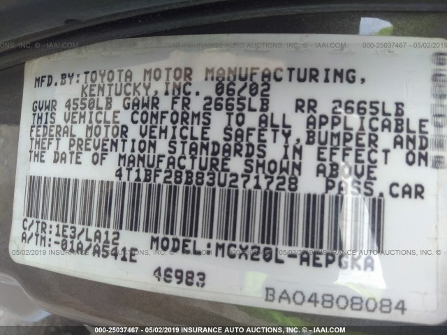 4T1BF28B83U271728 - 2003 TOYOTA AVALON XL/XLS GRAY photo 9