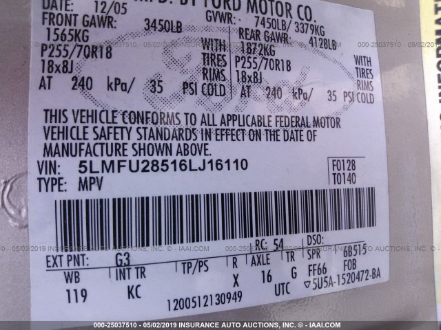 5LMFU28516LJ16110 - 2006 LINCOLN NAVIGATOR 金色 照片 9
