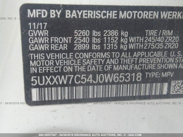5UXXW7C54J0W65318 - 2018 BMW X4 XDRIVEM40I WHITE photo 9