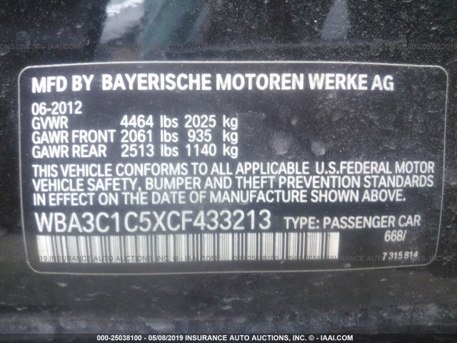 WBA3C1C5XCF433213 - 2012 BMW 328 I SULEV BLACK photo 9