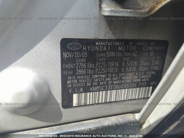 KM8SC13E06U095184 - 2006 HYUNDAI SANTA FE GLS/LIMITED SILVER photo 9