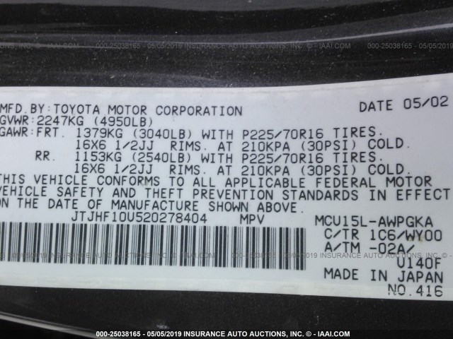 JTJHF10U520278404 - 2002 LEXUS RX 300 GRAY photo 9