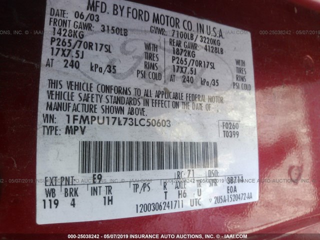 1FMPU17L73LC50603 - 2003 FORD EXPEDITION EDDIE BAUER RED photo 9