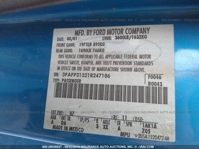 3FAFP31321R247186 - 2001 FORD FOCUS ZX3 BLUE photo 9