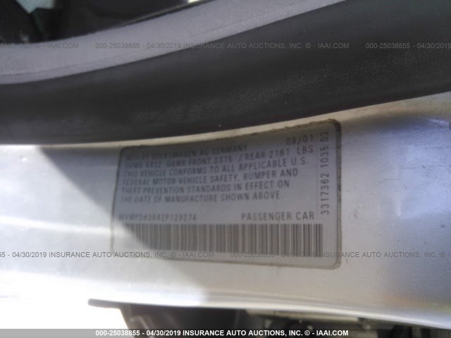 WVWPD63B42P129274 - 2002 VOLKSWAGEN PASSAT GLS SILVER photo 9